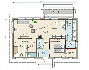 Проект современного одноэтажного каркасного дома с двумя небольшими спальнями / План 1 этажа