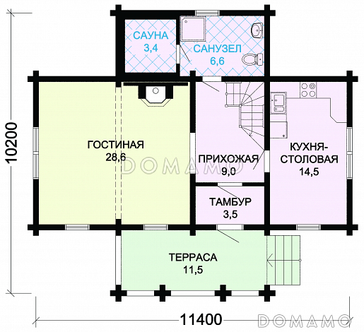 Проект небольшого дома из оцилиндрованного бревна с сауной / План 1 этажа