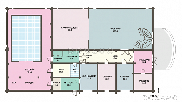 Проект роскошного дома из клееного бруса с бассейном и огромной гостиной / План 1 этажа