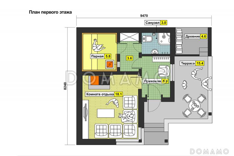Проект бани с крытой террасой, просторной комнатой отдыха, дровником / План 1 этажа