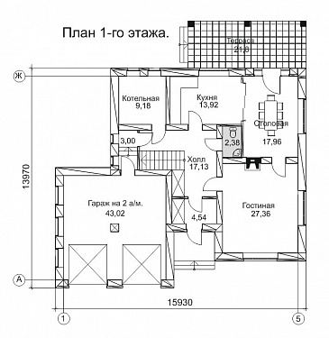 Проект дома с гаражом на два автомобиля и чердаком / План 1 этажа