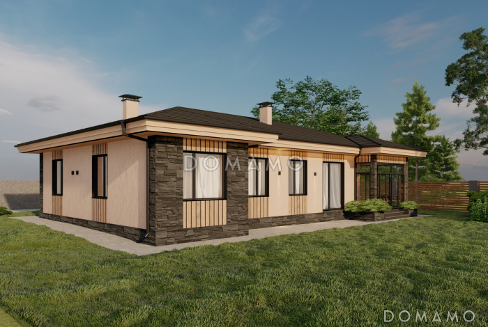 Проект одноэтажного дома с многофункциональной кухней, верандой и тремя спальнями