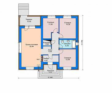 Проект одноэтажного дома с террасой, просторной кухней-столовой, кладовой в холле и спальнями / План 1 этажа