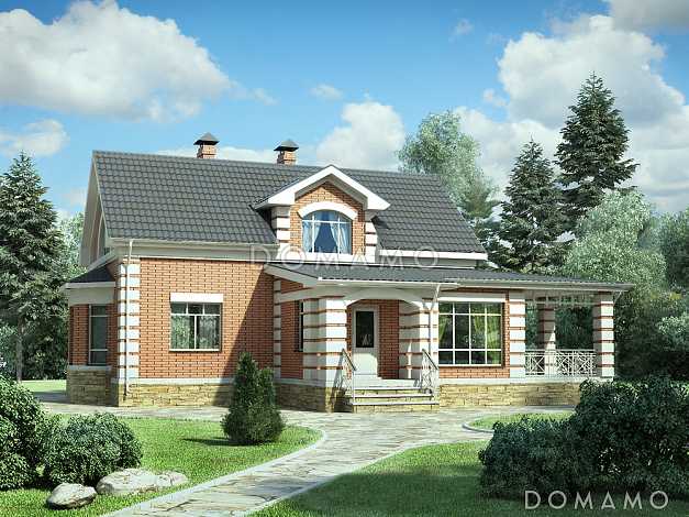 Проект кирпичного дома с полукруглым окном на мансардном этаже