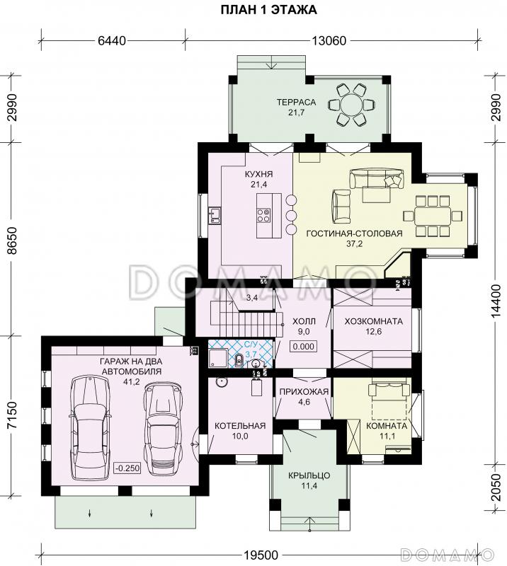 Проект двухэтажного дома с вместительным гаражом для двух авто / План 1 этажа