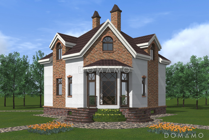 Проект квадратного  коттеджа  со входом с угла, террасой и подвалом.