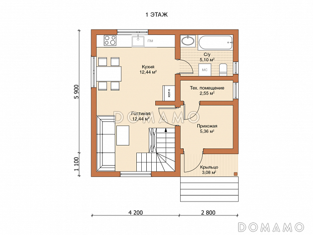 Двухэтажный дом «Гарди» / План 1 этажа
