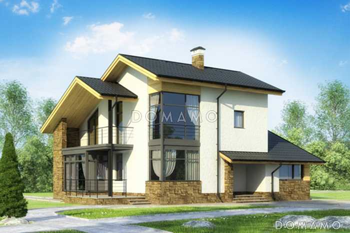 Проект светлого дома с бильярдной и спортзалом в цокольном этаже,  длинным балконом,  панорамными окнами в спальне на мансарде