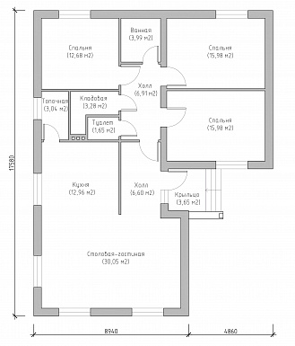 Проект компактного одноэтажного дома по технологии ЛСТК с тремя спальнями и большой кухней-столовой-гостиной / План 1 этажа