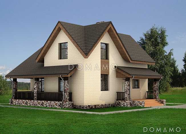 Проект частного дома в европейском стиле, с двумя террасами, мансардными окнами, простой функциональной планировкой