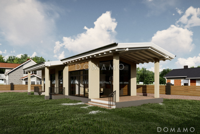 Проект бани с большой комнатой отдыха и крытой террасой