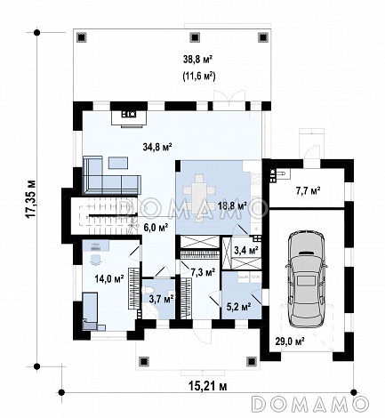 Проект дома с гаражом для машины, подвалом, крытой террасой, кладовой / План 1 этажа