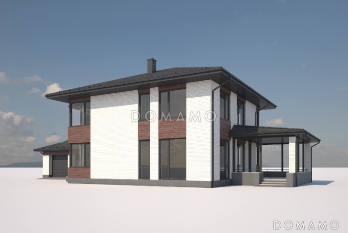 Проект загородного дома с гаражом на две машины, террасой, отдельной гардеробной при входе