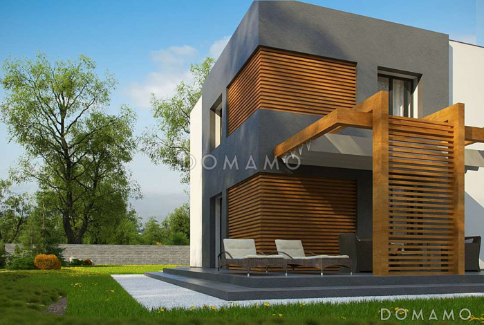 Проект двухэтажного дома из кирпича с плоской крышей, со спальной зоной и террасой на втором этаже и гаражом