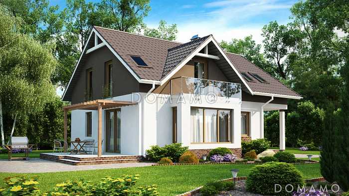 Проект дома с террасой, балконом, мансардными окнами, эркером в гостиной