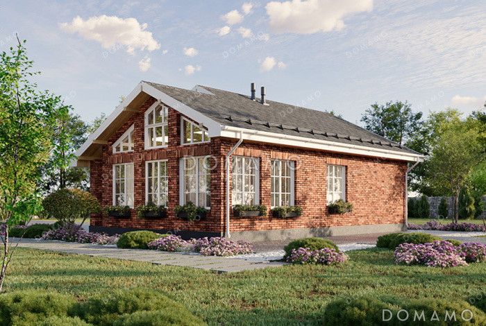 Проект одноэтажного дома с большим чердаком, просторной крытой верандой и двухскатной кровлей