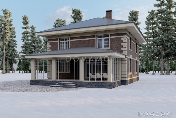 Проект двухэтажного дома с кабинетом, террасой и четырьмя спальнями