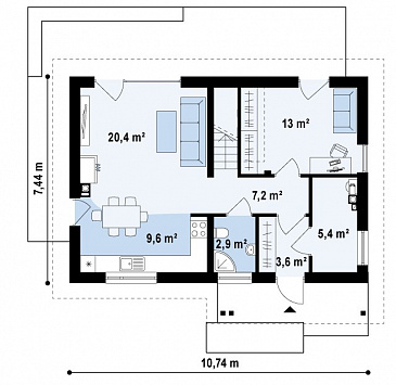 Проект одноэтажного мансардного дома из газобетона с кабинетом, тремя спальнями и хозяйской гардеробной / План 1 этажа