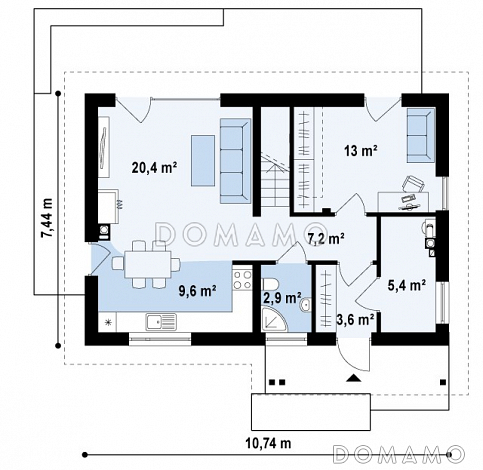 Проект одноэтажного мансардного дома из газобетона с кабинетом, тремя спальнями и хозяйской гардеробной / План 1 этажа