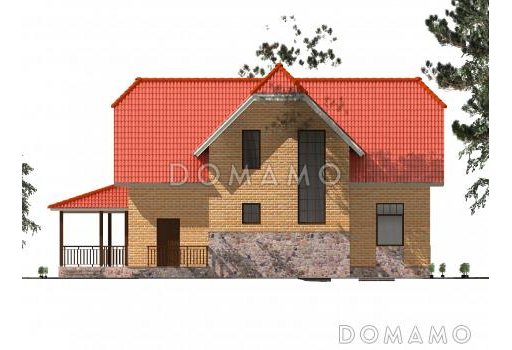 Проект полутораэтажного коттеджа с яркой облицовкой и открытой террасой из СИП панелей / Фасад 2