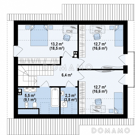 Проект классического мансардного дома из газобетона с кабинетом и большим техническим помещением / План мансардного этажа