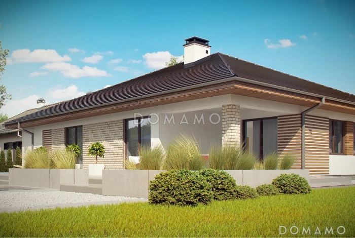 Проект одноэтажного кирпичного дома с гаражом на 2 автомобиля и подвалом