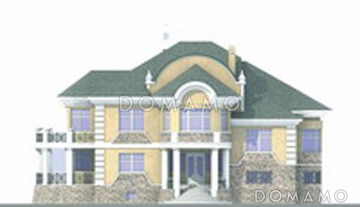 Проект коттеджа с двусветной гостиной, сауной и балконом / Фасад 1