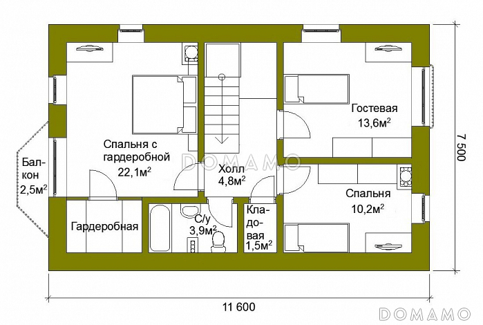 Проект компактного коттеджа с двускатной кровлей / План мансардного этажа