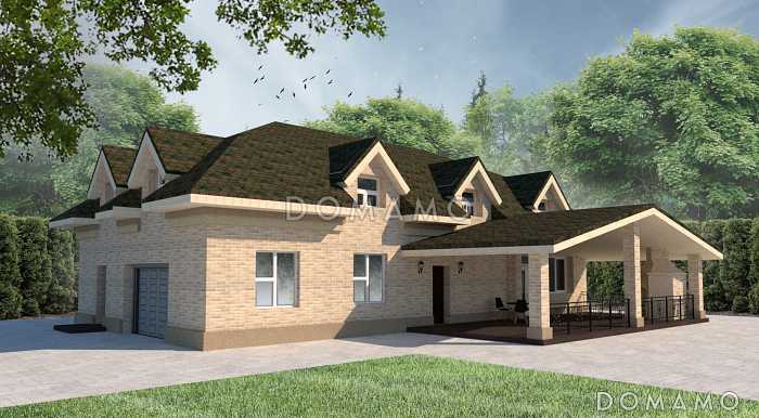 Проект двухэтажного дома с гаражем, тремя спальнями и просторной крытой террасой