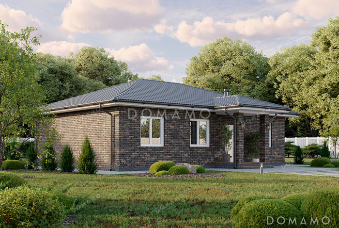 Проект одноэтажного прямоугольного дома с отделкой фасада кирпичом, одной внутренней несущей стеной, тремя спальнями и большой кухней-гостиной с выходом на крытую террасу