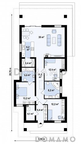 Проект комфортного одноэтажного дома из кирпича с тремя спальнями / План 1 этажа