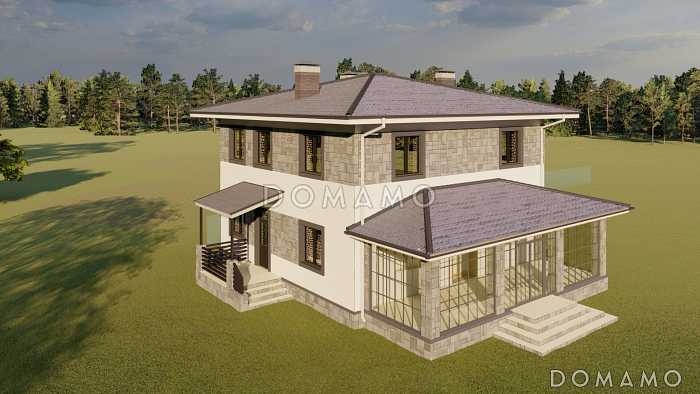 Проект двухэтажного дома с четырьмя спальнями, просторными верандой и гостиной