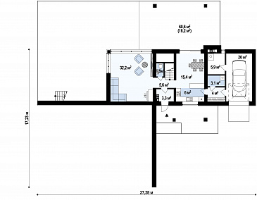 Проект современного двухэтажного дома из газобетона с плоской крышей необычного дизайна, подходит для участка со склоном / План 1 этажа