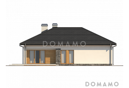 Проект одноэтажного дома из кирпича с дневной зоной в тыльной части дома и выходом на большую террасу и гаражом на два автомобиля / Фасад 4