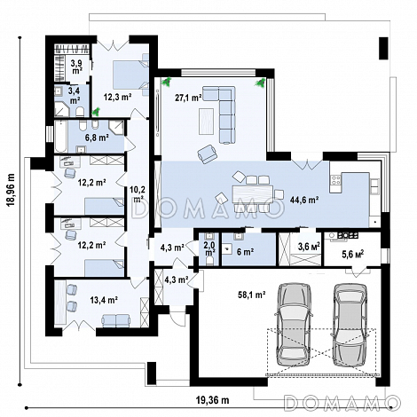 Проект дома из газобетона с просторной террасой и гаражом на 2 машины / План 1 этажа