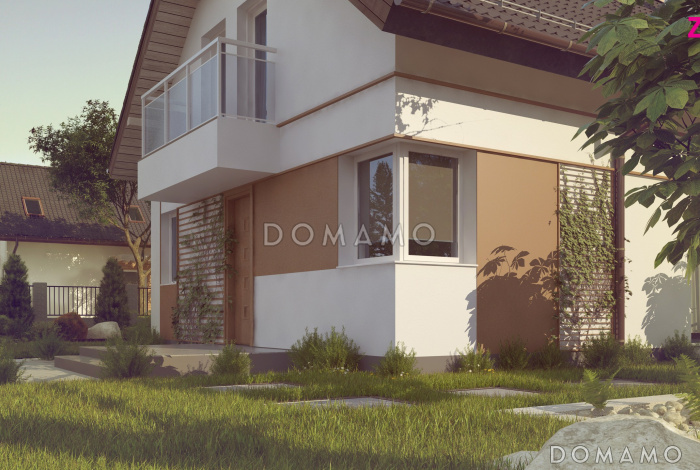 Проект классического одноэтажного мансардного дома из кирпича с эркером в столовой зоне, балконами и хозяйственным помещением