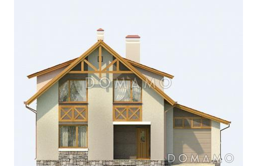 Проект коттеджа с красной двускатной крышей, тремя спальными комнатами, балконом и гаражом / Фасад 1