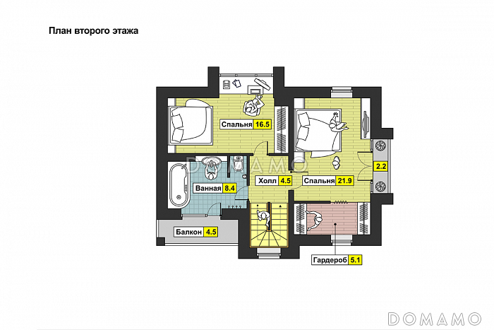 Проект загородного дома с открытой террасой и навесом для автомобиля, панорамными окнами / План мансардного этажа
