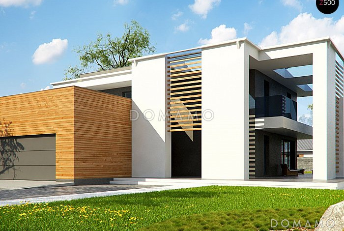 Проект современного двухэтажного дома из газобетона с плоской крышей с четырьмя спальнями, кабинетом, гаражом и большой площадью остекления