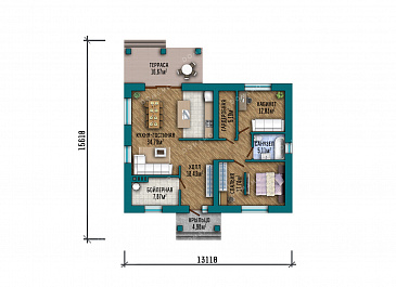 Проект одноэтажного дома с общей вальмовой кровлей над входной группой и террасой и отделкой фасада кирпичом / План 1 этажа