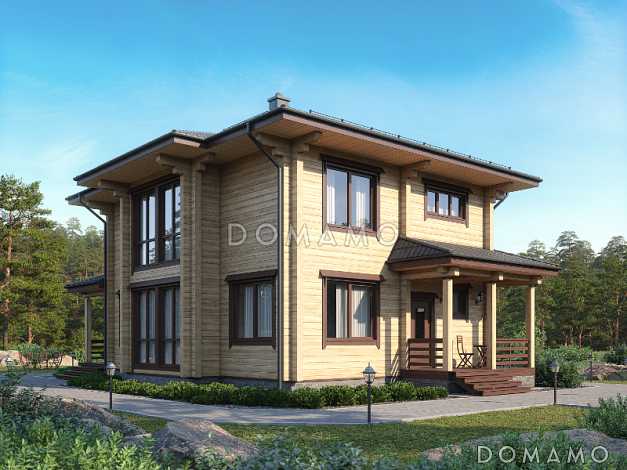 Проект двухэтажного дома из бруса с пятью комнатами, эркером и крытой террасой