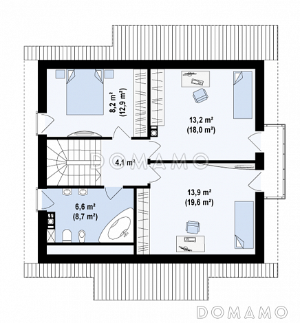 Проект одноэтажного мансардного дома из газобетона с прямоугольным эркером и балконом / План мансардного этажа