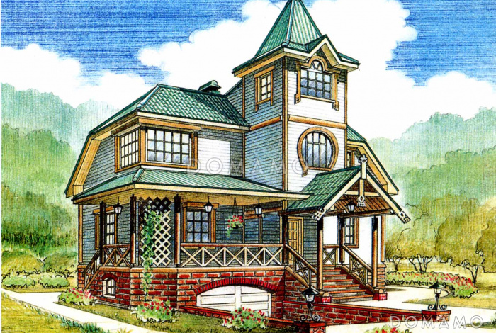 Проект коттеджа с башенкой и гаражом