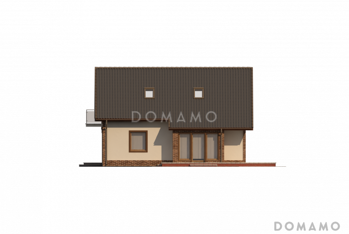 Проект одноэтажного мансардного дома из кирпича с гаражом, эркером и большой площадью остекления в гостиной