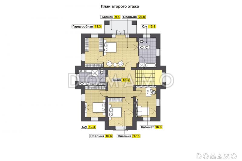 Проект дома с большой гостиной, санузлом, гостевой, хозяйской спальней с балконом / План 2 этажа