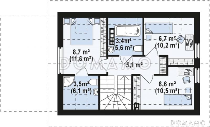 Проект компактного одноэтажного дома из газобетона с ночной зоной на мансардном этаже и с гаражом  / План мансардного этажа