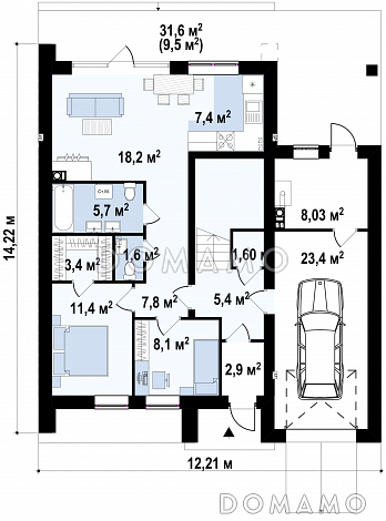 Проект современного двухэтажного дома из газобетона для двух семей, с гаражом и террасой над ним / План 1 этажа