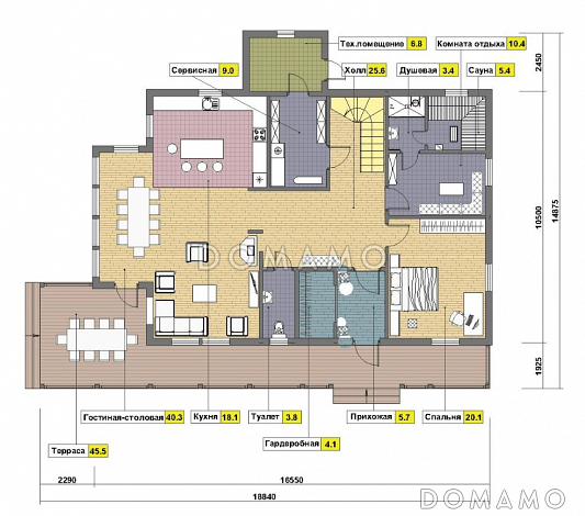 Проект кирпичного дома с просторной кухней и вторым светом / План 1 этажа