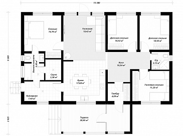 Проект одноэтажного финского дома на 4 спальни, с сауной и террасой / План 1 этажа