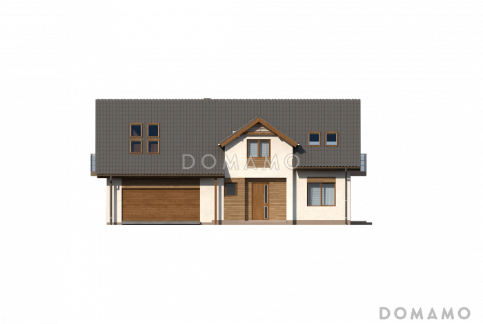 Проект одноэтажного дома из кирпича с четырьмя спальнями и кабинетом на мансардном этаже и встроенным гаражом